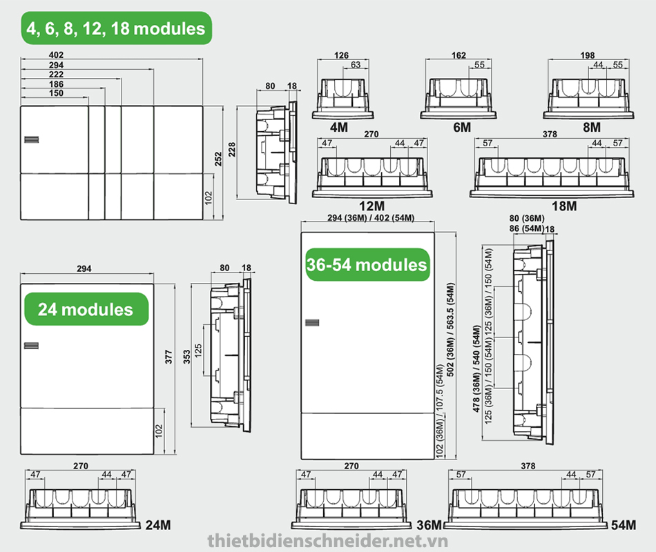Kích thước tủ điện Resi9 MP Schneider