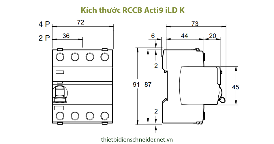 Kích thước aptomat chống rò RCCB Schneider Acti9 iLD K